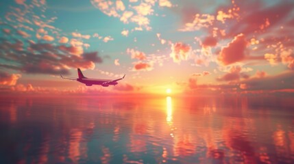 An airplane flying over the ocean during sunset, capturing the serene beauty of air travel.