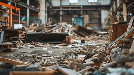 A warehouse filled with debris and rubble, showing the aftermath of destruction and disuse.