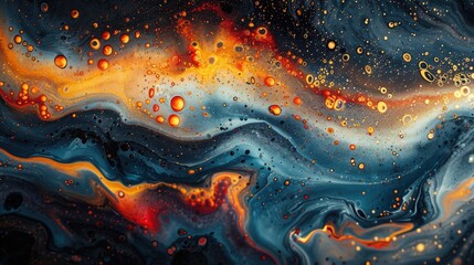 Abstract painting with fluid patterns and metallic textures, suitable for contemporary interior design