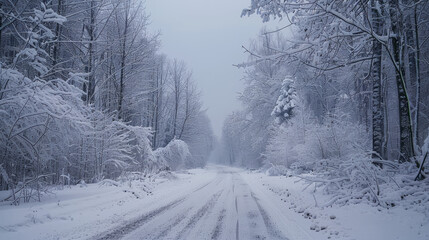 Fototapeta premium A road covered in snow goes through thick woods. The sky is gray, and the air is calm and peaceful.