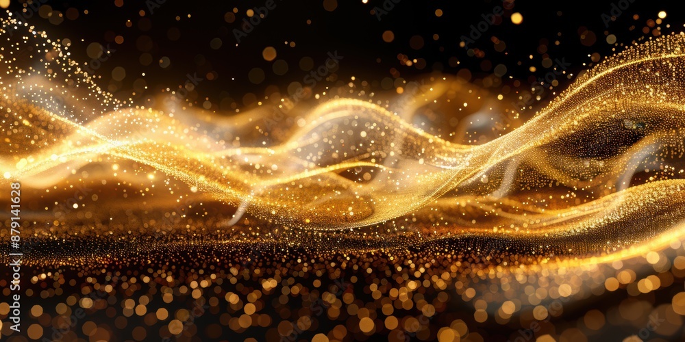 Poster a mesmerizing abstract background with flowing golden light particles and glittering bokeh, creating