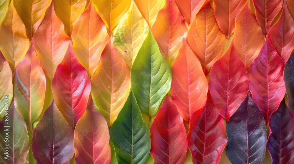 Poster vibrant autumn leaves arranged in a seamless gradient pattern, showcasing a spectrum of colors from 
