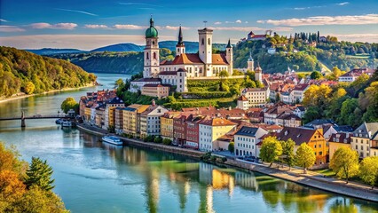 A stunning view of the Dreifl?sseeck in Passau, where the Danube, Inn, and Ilz rivers meet, Passau, Germany