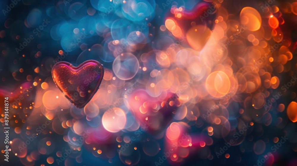 Poster floating heart-shaped bokeh lights with colorful, dreamy effects, creating a romantic and magical vi