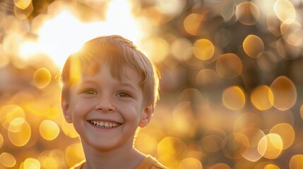 Fototapeta premium Happy young boy smiling brightly with golden bokeh lights in the background, creating a warm and joyful atmosphere.