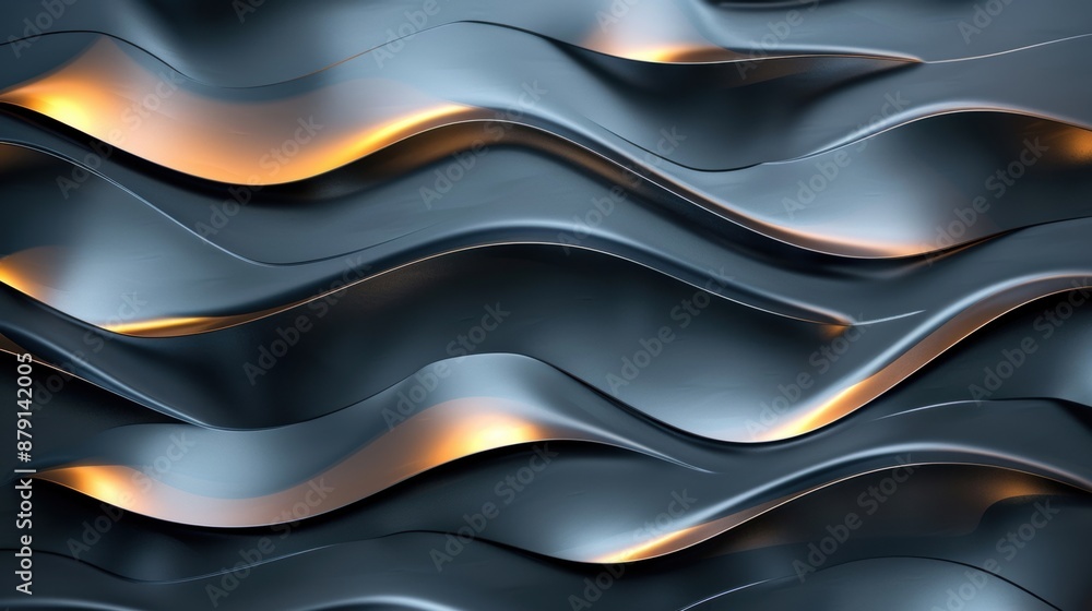Poster abstract metallic waves with gold highlights, creating a sleek and modern design with a luxurious an