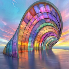 Seashellinspired futuristic architecture with holographic windows, Futuristic, 3D Render, Metallic and glass textures