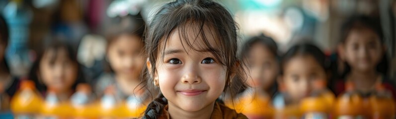 Obraz premium Young girl smiling in front of a group of children, Portrait