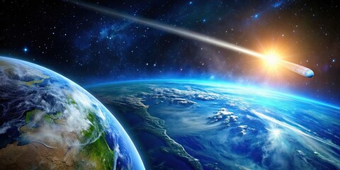 Fototapeta premium A vibrant stock photo of a comet passing close to planet earth, delivering water to the planet, comet