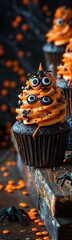 Cupcakes with orange frosting and black eyes on them, Halloween food