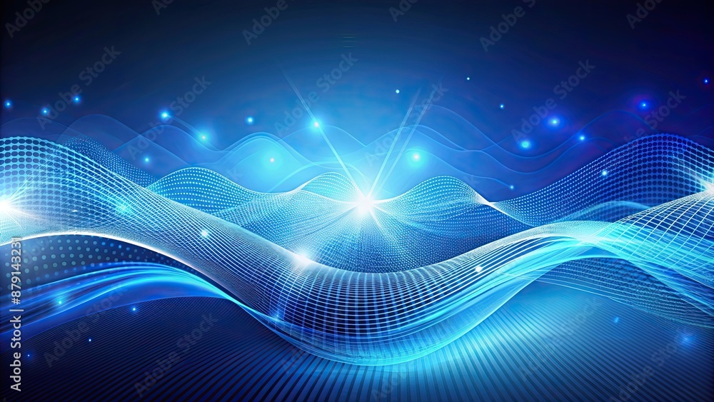 Poster Blue tech background with wave shapes , technology, digital, abstract, futuristic, network, data, stream, communication