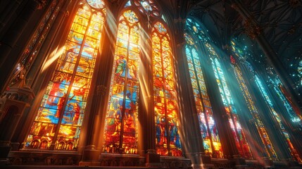 Obraz premium Architectural detail of a historic cathedral interior with stained glass windows, representing heritage and spirituality