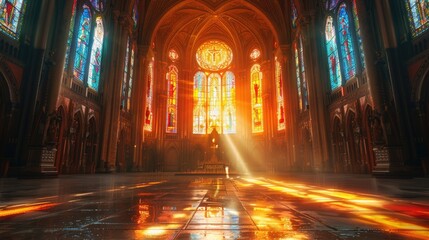 Fototapeta premium Architectural detail of a historic cathedral interior with stained glass windows, representing heritage and spirituality