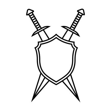 Shield and sword icon vector. Shield illustration sign. Sword symbol or logo.