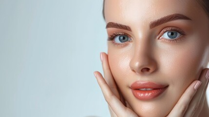 Obraz premium A woman with a beautiful face and flawless skin Use your hand to lightly touch her face. This image captures the concept of facial skin care. Facial skin care, beauty science, cosmetics