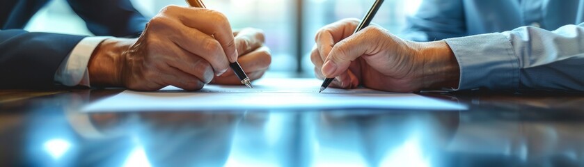 Obraz premium High Level Agreement Focus on two executives signing a contract with a corporate office background right 