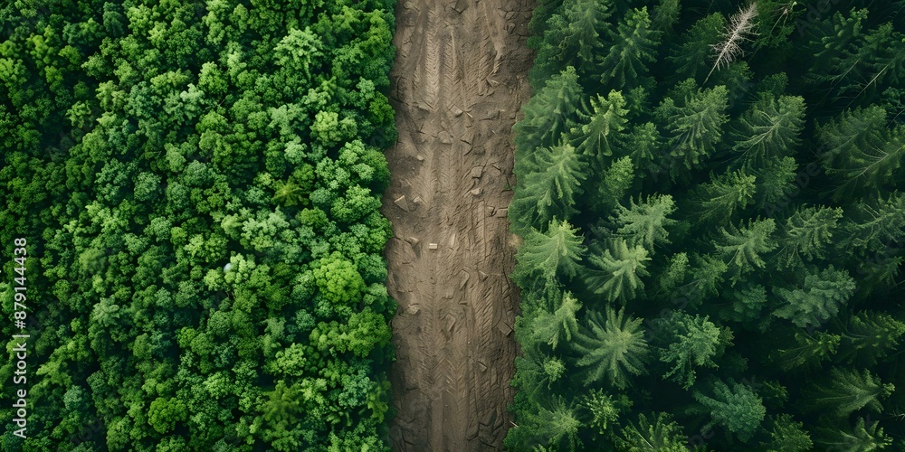 Poster an aerial split image illustrating deforestation caused by logging in the rainforest. concept defore