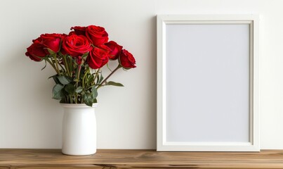 An empty white frame beside a vase filled with bright red roses. Placed elegantly on the table This scene is reminiscent of romance. Love with enough space for text
