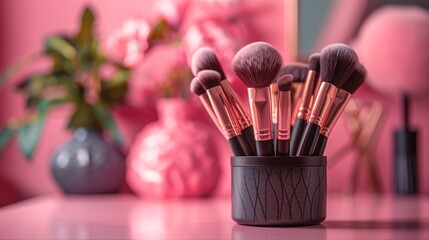 Makeup Brushes Focus on a set of makeup brushes in a holder with a chic vanity background left  