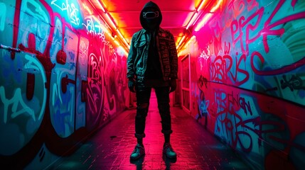 Naklejka premium Mysterious Person in Neon Graffiti Tunnel