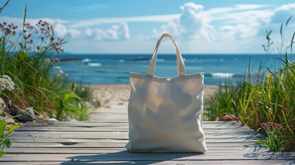 A beige tote bag placed on a wooden boardwalk leading to a beautiful sandy beach with a clear blue sky.