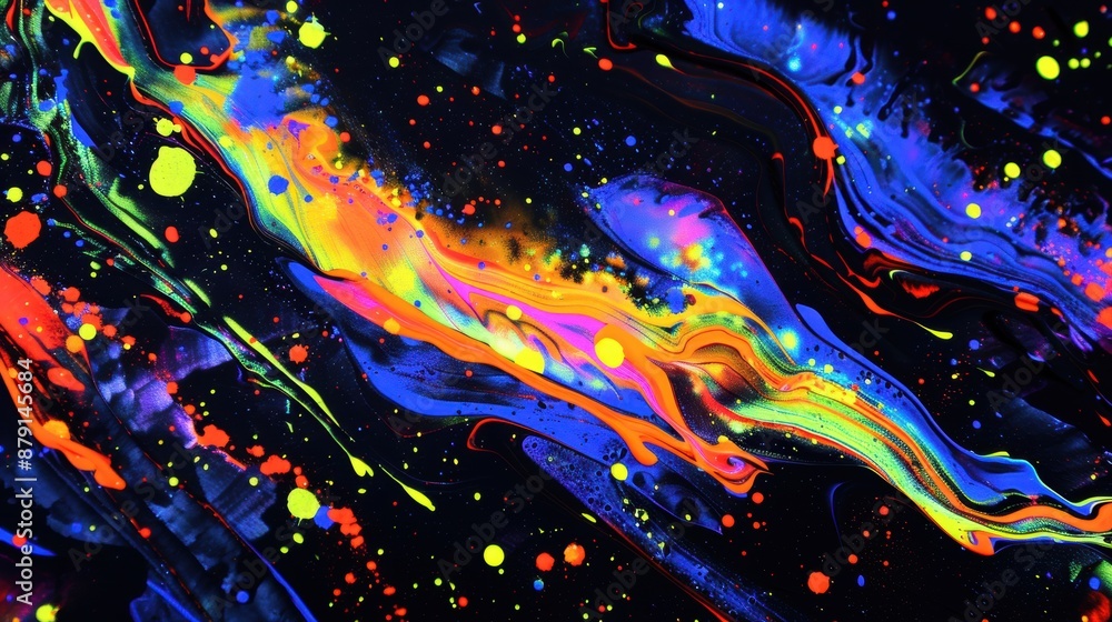 Poster vibrant abstract painting with neon paint splashes on a black background, creating a striking and dy