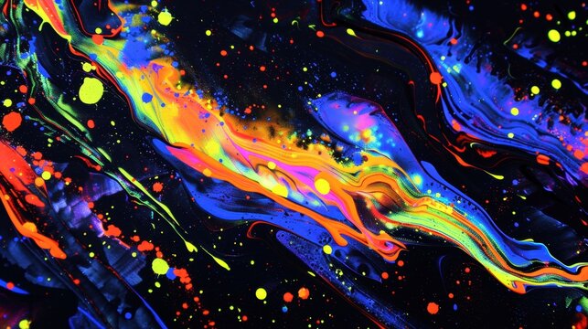 Vibrant abstract painting with neon paint splashes on a black background, creating a striking and dynamic visual effect.