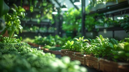 A close-up shot of green leafy plants growing in pots under artificial lights inside a greenhouse.