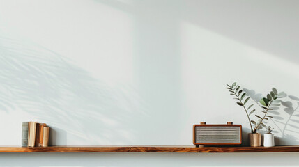 Books and Decorative Items on Wooden Shelf in Sunlight