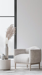 Living room interiors in elegant minimalist style with an armchair next to a large window, and copy space. Interiors designer composition in plain colors for Real Estate.