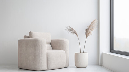 Living room interiors in elegant minimalist style with an armchair next to a large window, and copy space. Interiors designer composition in plain colors for Real Estate.