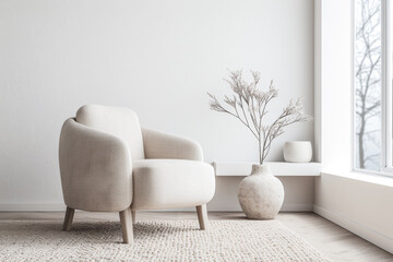 Living room interiors in elegant minimalist style with an armchair next to a large window, and copy space. Interiors designer composition in plain colors for Real Estate.