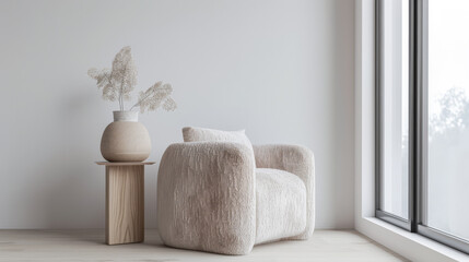 Living room interiors in elegant minimalist style with an armchair next to a large window, and copy space. Interiors designer composition in plain colors for Real Estate.