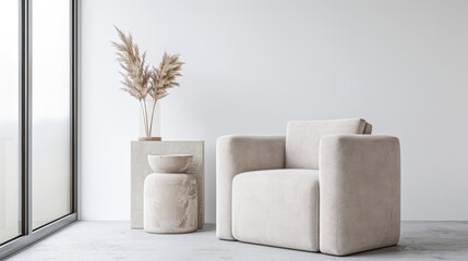 Living room interiors in elegant minimalist style with an armchair next to a large window, and copy space. Interiors designer composition in plain colors for Real Estate.