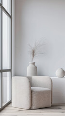 Living room interiors in elegant minimalist style with an armchair next to a large window, and copy space. Interiors designer composition in plain colors for Real Estate.