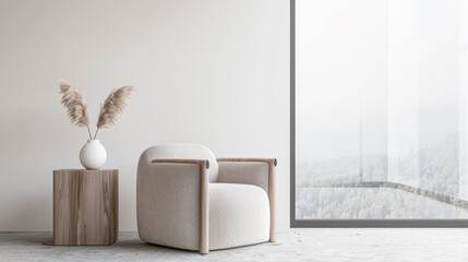 Living room interiors in elegant minimalist style with an armchair next to a large window, and copy space. Interiors designer composition in plain colors for Real Estate.