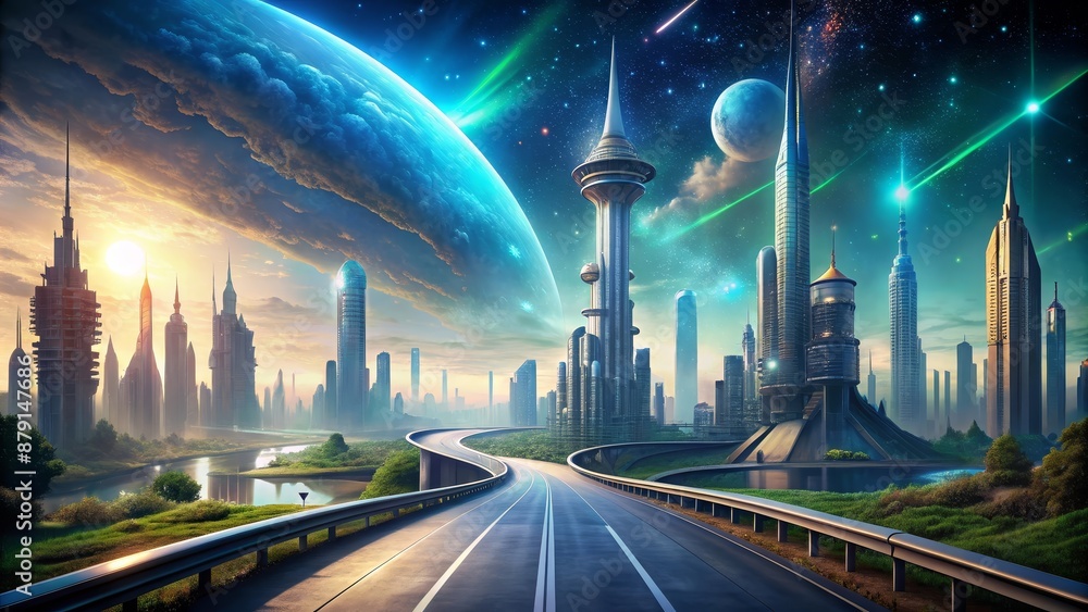 Sticker Futuristic Cityscape Under a Double Moon - A futuristic cityscape under a double moon with glowing stars and planets in the sky. - A futuristic cityscape under a double moon with glowing stars and pla