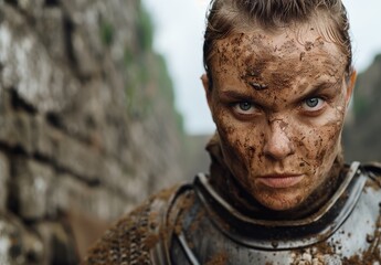 Fototapeta premium Intense gaze of a dirty, rugged soldier
