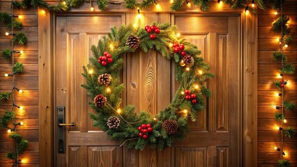Christmas decorated door with wreath, garland, and lights, Christmas, decorated, door, wreath, garland, lights, festive