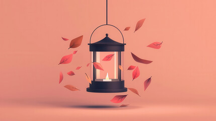 Fototapeta premium Autumn lantern, dynamic falling leaves, flat design illustration