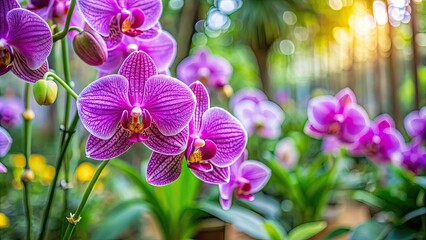 Fototapeta premium Beautiful purple phalaenopsis orchid blooming in a lush garden , orchid, phalaenopsis, purple, beautiful, blooming, garden, flora