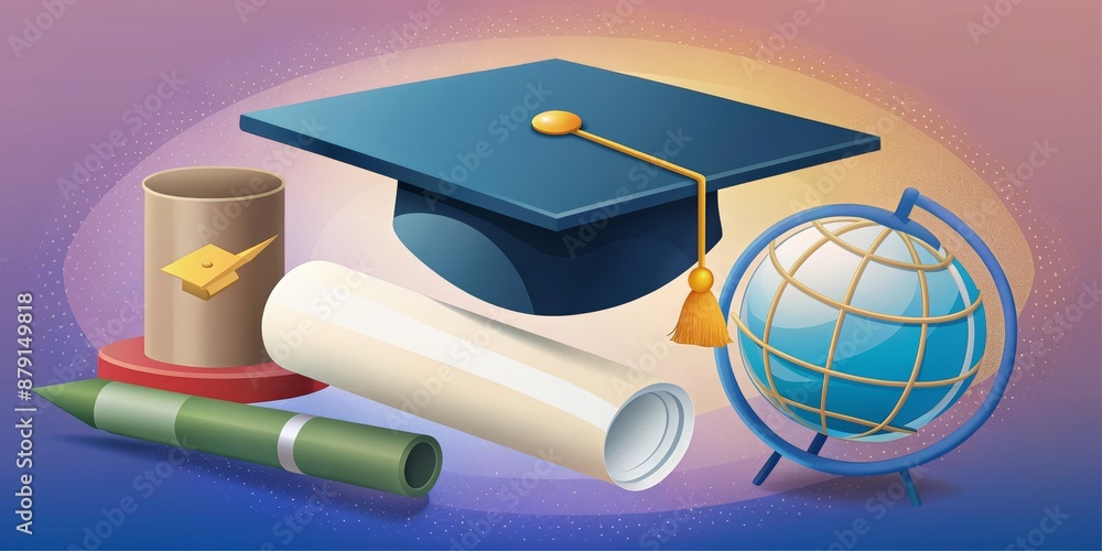 Canvas Prints Graduation Cap, Diploma, Globe, and Pencil: Celebrating Knowledge and Exploration - A vibrant illustration depicting a graduation cap, diploma, globe, and pencil symbolizing the pursuit of knowledge a