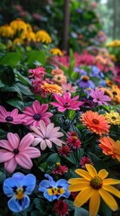 A vibrant, colorful assortment of various flowers in full bloom, creating a beautiful, lush garden scene.