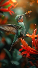 Fototapeta premium A vibrant hummingbird hovers near bright red flowers, capturing an enchanting moment in nature during golden hour.