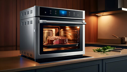 Obraz premium a smart microwave oven with advanced cooking algorithms, cooking a perfect steak.