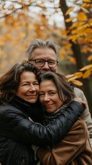Fototapeta premium Happy Mature Couple Embracing in a Park: Middle-Aged Man and Woman Enjoying Outdoor Conversations and Smiling Together, Representing Love, Unity, and a Joyful Lifestyle in a Natural Setting, High-Reso
