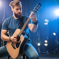 Obraz premium Bearded Musician Playing Acoustic Guitar on Stage