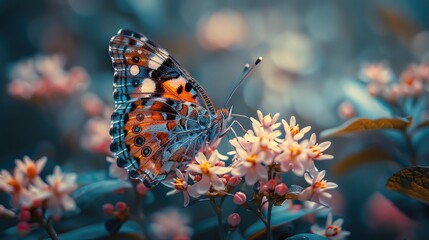 Detailed macro shot of a butterfly perched on a flower, showcasing intricate natural beauty,