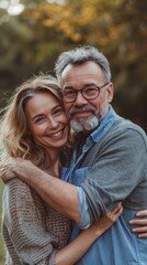 Fototapeta premium Happy Mature Couple Embracing in a Park: Middle-Aged Man and Woman Enjoying Outdoor Conversations and Smiling Together, Representing Love, Unity, and a Joyful Lifestyle in a Natural Setting, High-Reso