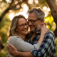Fototapeta premium Happy Mature Couple Embracing in a Park: Middle-Aged Man and Woman Enjoying Outdoor Conversations and Smiling Together, Representing Love, Unity, and a Joyful Lifestyle in a Natural Setting, High-Reso